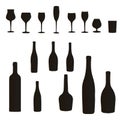 Silhouette of a collection of bottles and wine glasses with a co Royalty Free Stock Photo