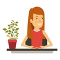 Silhouette color closeup half body woman assistant in desk with straight long redhair