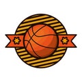 Silhouette color emblem with basketball ball and ribbon in middle