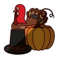 Silhouette color with pumpkin and farmer hat and turkey with half shadow Royalty Free Stock Photo