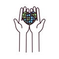 Silhouette color sections front view hands holding in palms a earth globe world in heart shape