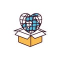 Silhouette color sections globe earth world in heart shape coming out of cardboard box