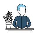 Silhouette color sections of half body faceless young man assistant in desk in formal shirt