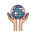 Silhouette color sections hands with floating earth globe world charity symbol