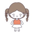 Silhouette color sections and light brown hair of kawaii little girl with braided hair and facial expression tired