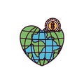 Silhouette color sections money box in globe earth world in heart shape with coin with dollar symbol