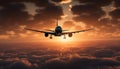 Silhouette of commercial airplane taking off into dramatic sunset sky generated by AI Royalty Free Stock Photo