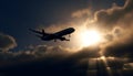 Silhouette of commercial airplane taking off into dramatic sunset sky generated by AI Royalty Free Stock Photo