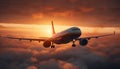 Silhouette of commercial airplane taking off into orange sunset sky generated by AI Royalty Free Stock Photo