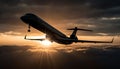 Silhouette of commercial airplane taking off at sunset, high up generated by AI Royalty Free Stock Photo