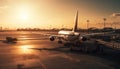 Silhouette of commercial airplane taking off into the sunset sky generated by AI Royalty Free Stock Photo