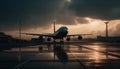 Silhouette of commercial airplane taking off into sunset sky generated by AI Royalty Free Stock Photo