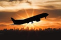 Silhouette of commercial plane flying over a city Royalty Free Stock Photo