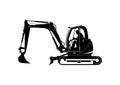 Silhouette of compact excavator with driver.