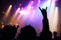 Silhouette, concert and audience with rock or sign for music, party and rave festival with spotlight and dancing. Disco Royalty Free Stock Photo