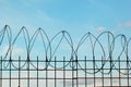 Silhouette of concertina barbed wire on an old prison fence Royalty Free Stock Photo