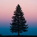 A silhouette of a coniferous tree, possibly a pine, stands against a gradient sunset sky Royalty Free Stock Photo