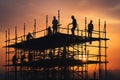 Silhouette construction worker on scaffolding building site. Generative AI Royalty Free Stock Photo