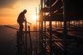 Silhouette construction worker on scaffolding building site. Generative AI Royalty Free Stock Photo