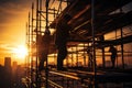 Silhouette construction worker on scaffolding building site. Generative AI Royalty Free Stock Photo