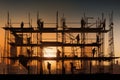 Silhouette construction worker on scaffolding building site. Generative AI Royalty Free Stock Photo