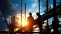 Silhouette construction worker are working at high place, Construction site at sunset in evening time Royalty Free Stock Photo