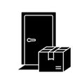 Silhouette Contactless delivery. Outline icon of front door, package box. Black illustration of online shopping, buying food,