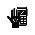 Silhouette Contactless hand payment with implanted chip signal. Modern high technology. Outline illustration of pos credit card