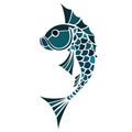 The silhouette, contour of carp fish in blue on a white background is drawn with lines of different widths. Carp fish logo