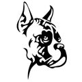 Silhouette, contour of the dog muzzle Boxer breed of black color on a white background surrounded by lines of various widths