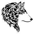 The silhouette, contour of the muzzle of the wolf fox in black over a white background is drawn with curlicues