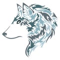 Silhouette, contour of the muzzle of the wolf fox in blue over a white background is drawn with curlicues