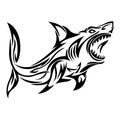 The silhouette, the contour of a shark in black on a white background is drawn by lines of various widths. Shark fish logo Royalty Free Stock Photo