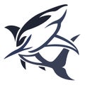 The silhouette, the contour of a shark in blue on a white background is drawn by lines of various widths. Shark fish logo