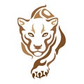 The silhouette, contour of a tiger lion panther of brown color over a white background is drawn by lines of various widths