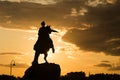 Silhouette of the Copper rider monument of Peter the great on sunset. Royalty Free Stock Photo