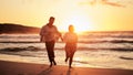 Silhouette couple, beach sunset and running outdoors on summer vacation, honeymoon travel and tropical vacation in Royalty Free Stock Photo