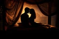 Silhouette of couple in bed at night time love erotic sunset. Generate Ai Royalty Free Stock Photo