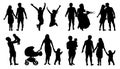 Silhouette of couple, family with children, isolated vector set on white background