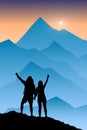 Silhouette Of Couple Hikers With Raised HandsSilhouette Of Couple Hikers With Raised Hands