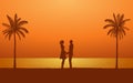 Silhouette couple holding hand and standing together on beach under sunset sky background