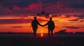 Silhouette of couple holding hands at airport during sunset. Royalty Free Stock Photo