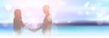 Silhouette Couple Holding Hands On Beautiful Blurred Seaside Beach Bokeh Background Horizontal Banner Royalty Free Stock Photo