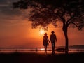 Silhouette of a couple holding hands in front of a tree at sunset Royalty Free Stock Photo