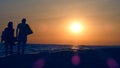 silhouette of a couple holding hands and looking at the sea on the beach during sunset Royalty Free Stock Photo