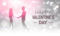 Silhouette Couple Holding Hands Over Glittering Bokeh Background Happy Valentines Day Greeting Card Design Royalty Free Stock Photo