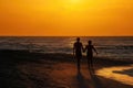 Silhouette of couple holding hands while walking on beach in a sunset Royalty Free Stock Photo