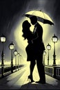 Silhouette of couple hugging under umbrella in the rain Royalty Free Stock Photo