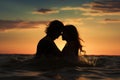 Silhouette of a couple kissing in the sea at sunset, Silhouette of a couple in love emerging from the ocean, a summer feeling, AI