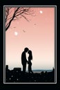 silhouette of a couple kissing under a tree at sunset Royalty Free Stock Photo